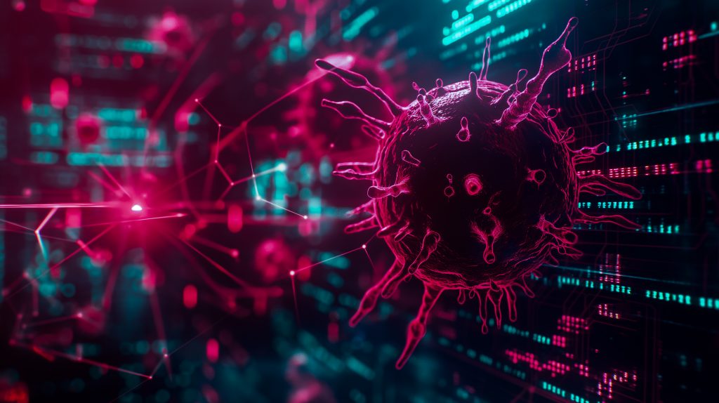 Abstrakte Darstellung eines Computervirus in einer digitalen Umgebung – Cybersecurity, Malware-Schutz und IT-Sicherheitslösungen.