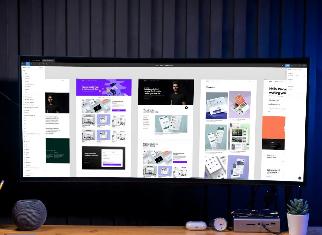 Ultrawide-Monitor mit UI/UX-Design-Software – modernes Webdesign und digitale Produktentwicklung für professionelle Kreativprojekte.